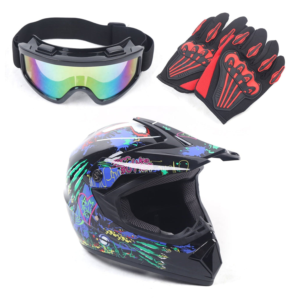 Motorcycle Helmet Set Motocross Helmet Kit Motorcycle Helmet with Gloves Goggles for Motorbike Riders with A Head Circumference During 21.65-22.05in