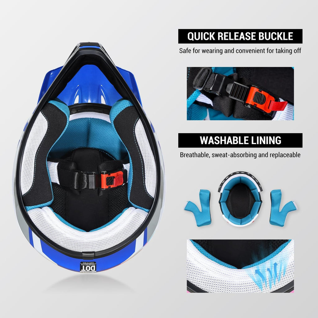 Youth Dirt Bike Helmet DOT Certified - Full Face Motorcycle Helmet for Off-Road, ATV, Street Riding, Includes Adjustable Goggles & Protective Gloves