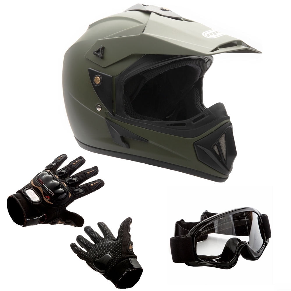 MMG Adult Motorcycle Off Road Helmet Combo, Includes Riding Gloves and Goggles. Size: Large - Color: Military Green