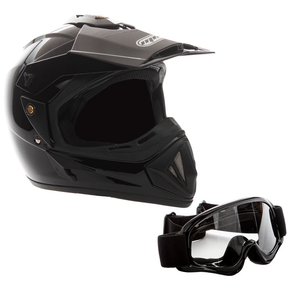 MMG Motorcycle Off-Road Helmet MX ATV Dirt Bike Gloss Black with Goggles (Large) Model 30
