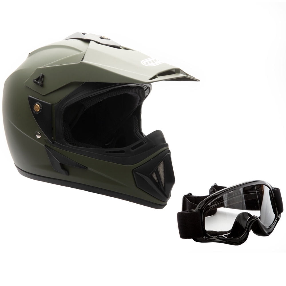 MMG Motorcycle Off-Road Helmet MX ATV Dirt Bike Matte Military Green with Goggles (Large) Model 30