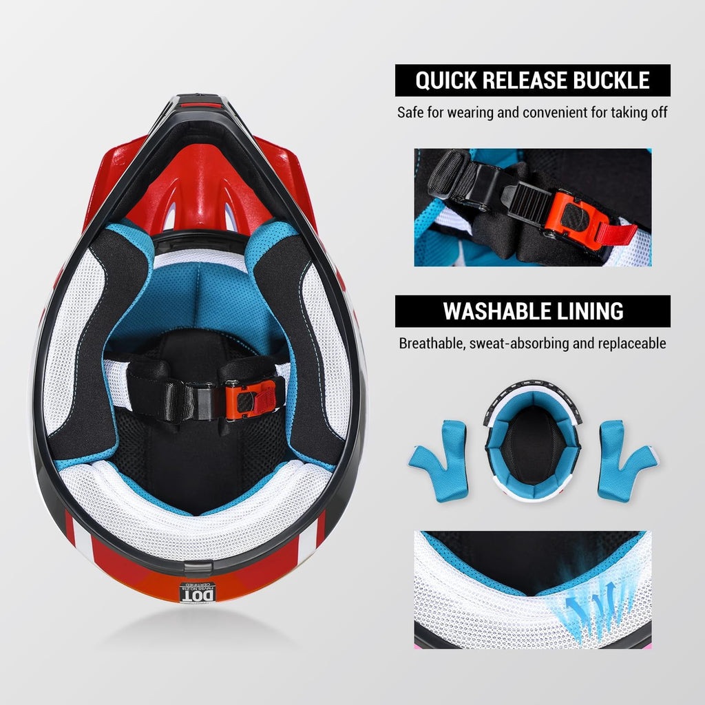 Youth Dirt Bike Helmet DOT Certified - Full Face Motorcycle Helmet for Off-Road, ATV, Street Riding, Includes Adjustable Goggles & Protective Gloves
